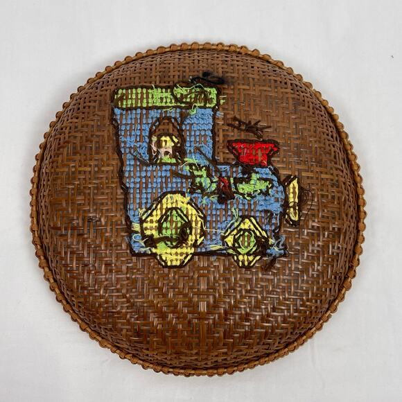 Handcrafted Cross Stitch Needlepoint Train Wicker Basket Bowl Decor Catchall - Picture 4 of 5